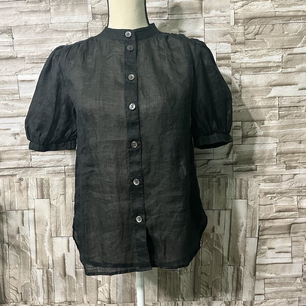 Banana Republic Black 100% Ramie Puff Sleeve Blouse Size XS Button Down Top